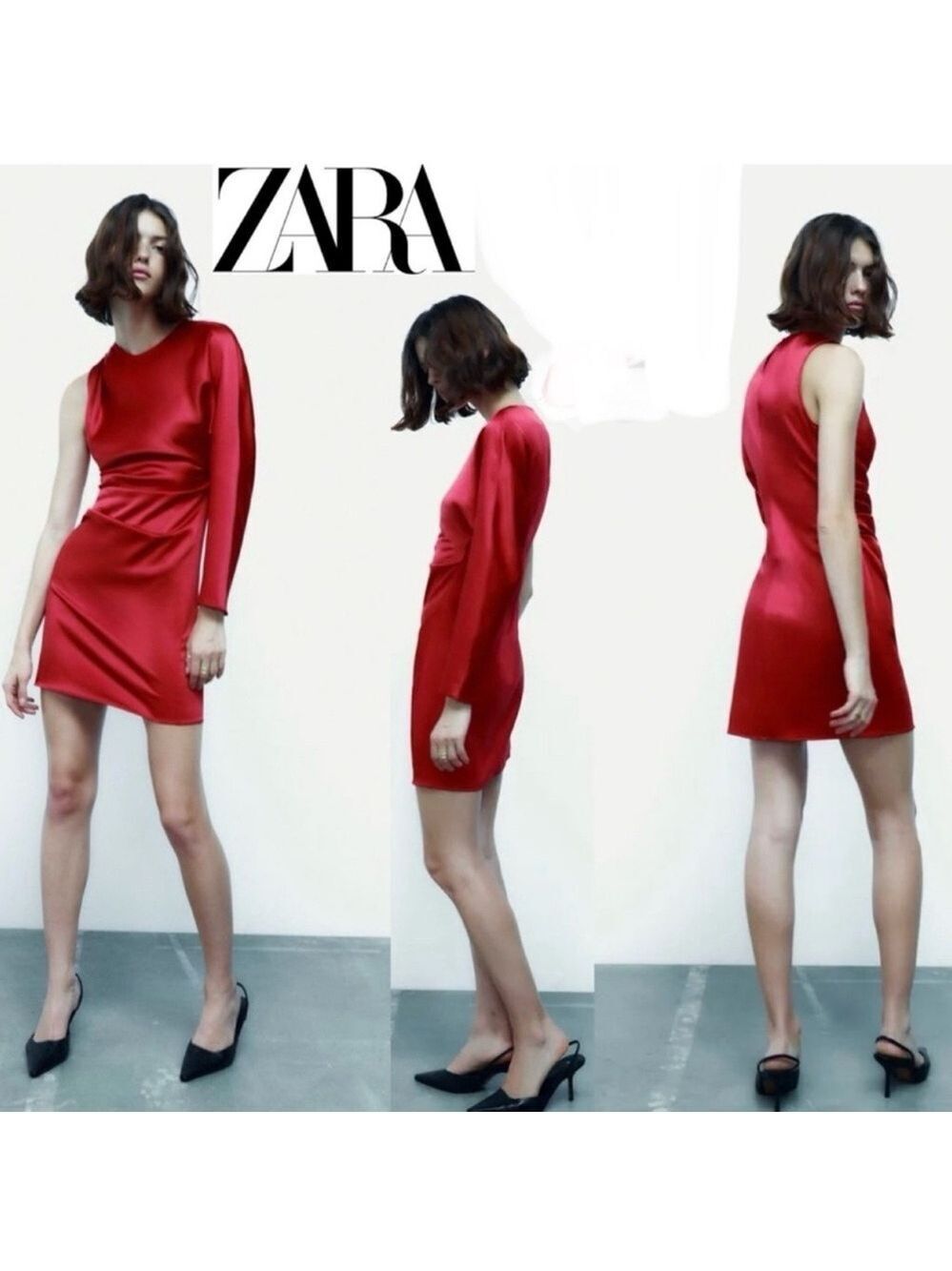 Zara red satin effect one sleeve asymetrical mini dress Sz XS